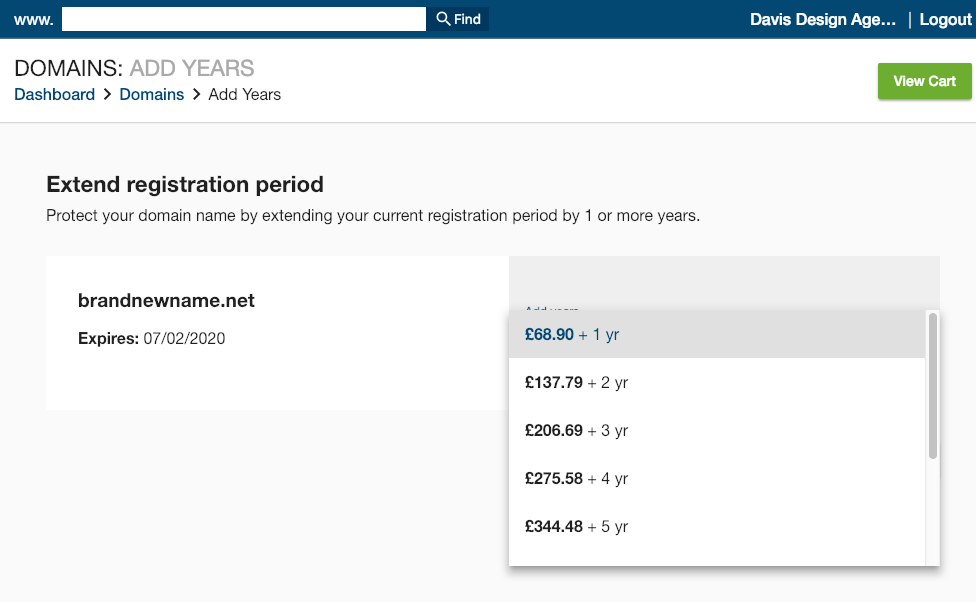 Netistrar Dashboard add years example