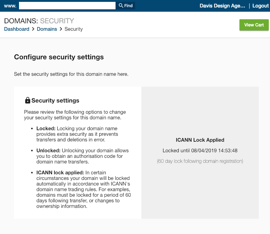 Netistrar Dashboard domain security settings