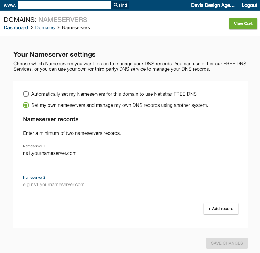 Netistrar Dashboard nameserver settings