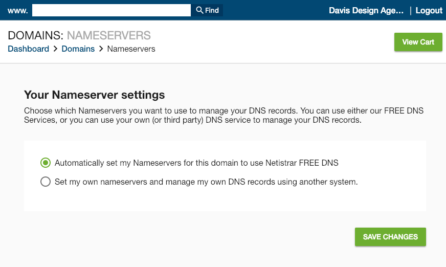 Netistrar Dashboard free dns settings