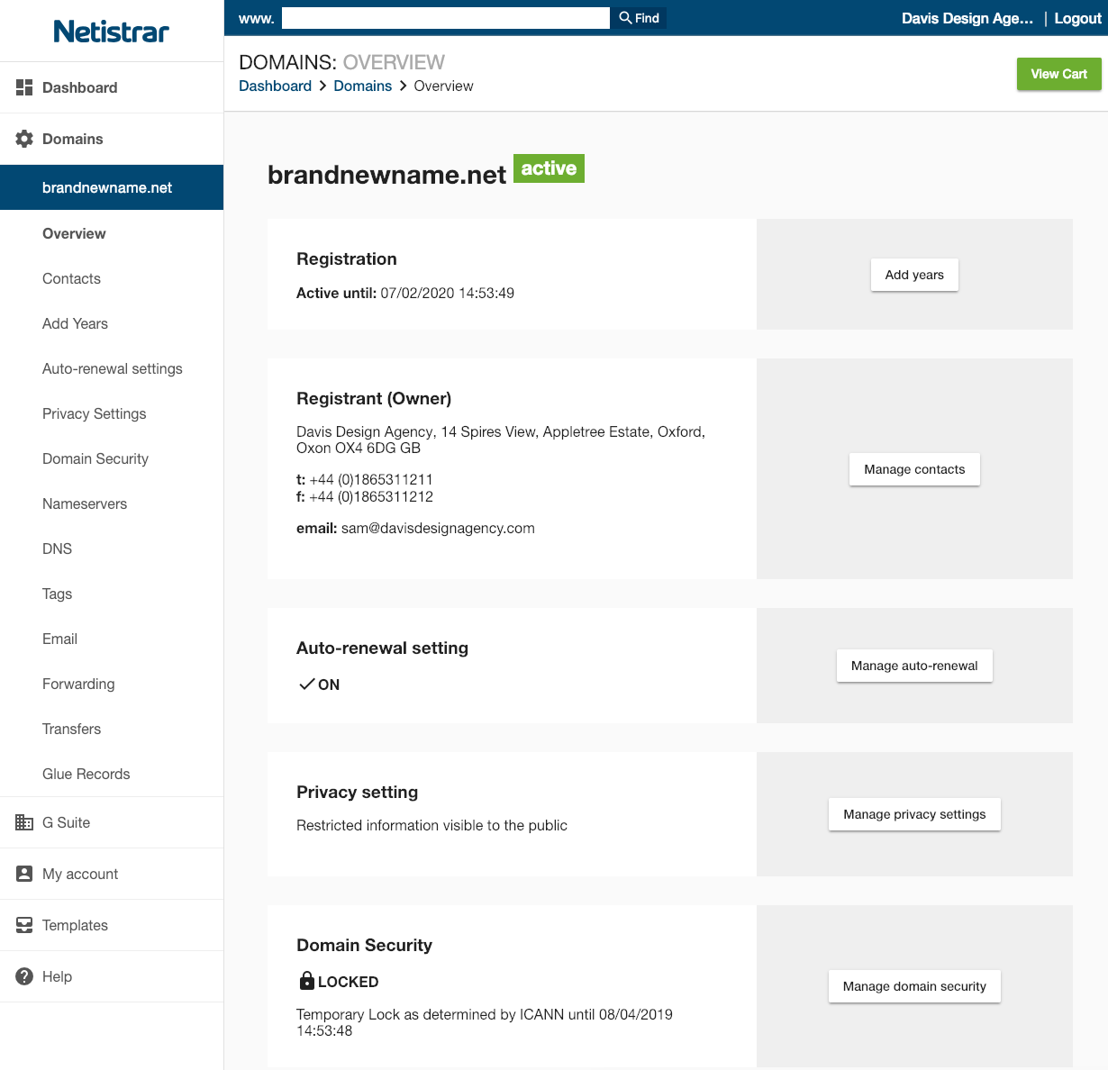 Netistrar Dashboard domains overview