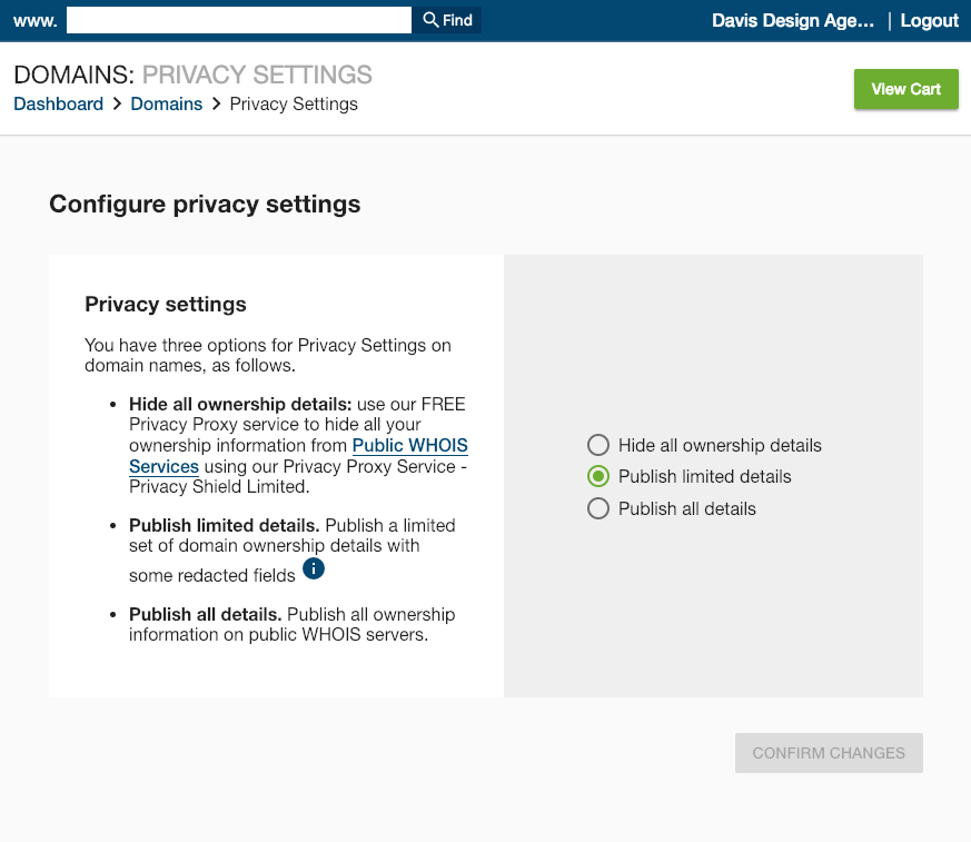 Netistrar Dashboard privacy settings